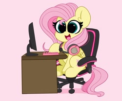Size: 4096x3413 | Tagged: safe, artist:itskittyrosie, fluttershy (mlp), equine, fictional species, mammal, pegasus, pony, feral, friendship is magic, hasbro, my little pony, 2020, chair, computer, desk, feathered wings, feathers, female, folded wings, happy, high res, mare, smiling, solo, solo female, tail, wings