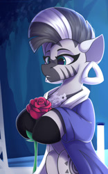 Size: 1250x2000 | Tagged: safe, artist:shadowreindeer, amanda (detroit: become human), zecora (mlp), equine, mammal, zebra, semi-anthro, detroit: become human, friendship is magic, hasbro, my little pony, 2020, clothes, crossover, cute, female, flower, jewelry, rose, solo, solo female, ungulate