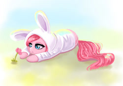 Size: 1000x696 | Tagged: safe, artist:valeria_fills, pinkie pie (mlp), earth pony, equine, fictional species, mammal, pony, feral, friendship is magic, hasbro, my little pony, 2020, bunny costume, clothes, costume, female, flower, kigurumi, lying down, mare, solo, solo female, tail, tired