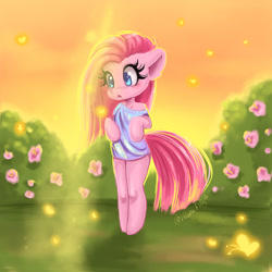 Size: 1000x1000 | Tagged: safe, artist:valeria_fills, pinkamena diane pie (mlp), pinkie pie (mlp), earth pony, equine, fictional species, mammal, pony, semi-anthro, friendship is magic, hasbro, my little pony, 2020, bush, clothes, female, flower, grass, mare, signature, solo, solo female, tail