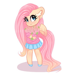 Size: 1000x1000 | Tagged: safe, artist:valeria_fills, fluttershy (mlp), equine, fictional species, mammal, pegasus, pony, semi-anthro, friendship is magic, hasbro, my little pony, 2020, 2d, bottomwear, clothes, cute, feathered wings, feathers, female, flower, looking at you, mare, simple background, skirt, solo, solo female, tail, ungulate, white background, wings