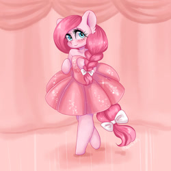Size: 1000x1000 | Tagged: safe, artist:valeria_fills, pinkamena diane pie (mlp), pinkie pie (mlp), earth pony, equine, fictional species, mammal, pony, semi-anthro, friendship is magic, hasbro, my little pony, 2020, 2d, blushing, clothes, commission, cute, digital art, dress, female, looking at you, mare, solo, solo female, tail, ych result