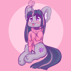 Size: 800x800 | Tagged: safe, artist:valeria_fills, twilight sparkle (mlp), arthropod, butterfly, equine, fictional species, insect, mammal, pony, unicorn, semi-anthro, friendship is magic, hasbro, my little pony, 2020, :p, blushing, clothes, commission, cute, female, horn, mare, simple background, sitting, solo, solo female, sweater, tail, tongue, tongue out, topwear