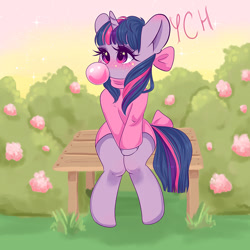 Size: 800x800 | Tagged: safe, artist:valeria_fills, twilight sparkle (mlp), equine, fictional species, mammal, pony, unicorn, semi-anthro, friendship is magic, hasbro, my little pony, 2020, barefoot, blushing, bow, bubblegum, bushes, clothes, commission, cute, ears, female, food, grass, gum, horn, mare, shirt, sitting, solo, solo female, starry eyes, tail, tail bow, topwear, wingding eyes, ych, ych example