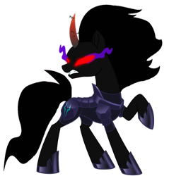 Size: 874x915 | Tagged: safe, artist:ejlightning007arts, artist:venjix5, king sombra (mlp), tempest shadow (mlp), equine, fictional species, mammal, pony, unicorn, feral, friendship is magic, hasbro, my little pony, my little pony: the movie, 2018, armor, blank eyes, colored horn, corrupted, curved horn, dark magic, female, gritted teeth, hoof shoes, hooves, horn, magic, mare, possession, raised hoof, red eyes, simple background, solo, solo female, tail, teeth, transparent background