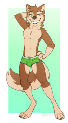 Size: 712x1280 | Tagged: safe, alternate version, artist:keavemind, oc, oc:wagnermutt (wagnermutt), dog, mammal, mutt, anthro, digitigrade anthro, abstract background, belly button, brown body, brown fur, cheek fluff, clothes, fluff, front view, fur, green eyes, hand on hip, head fluff, leg fluff, male, neck fluff, paw pads, paws, signature, solo, solo male, standing, tail, tail fluff, tan body, tan fur, underwear