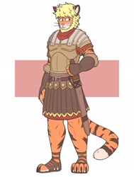 Size: 1862x2461 | Tagged: safe, artist:slightlysimian, oc, oc only, big cat, feline, mammal, tiger, anthro, abstract background, armor, beard, belt, blonde hair, bottomwear, claws, clothes, commission, dipstick tail, fur, green eyes, hair, looking sideways, male, orange body, orange fur, paws, sandals, scabbard, scarf, shirt, shoes, skirt, solo, solo male, stripes, sword, tail, topwear, weapon, whiskers