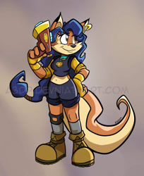 Size: 771x945 | Tagged: safe, artist:a3dp, carmelita fox (sly cooper), canine, fox, mammal, anthro, sly cooper (series), blue hair, clothes, crop top, female, gun, hair, obtrusive watermark, shock pistol, shoes, solo, solo female, tail, topwear, watermark, weapon