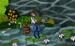 Size: 1125x698 | Tagged: safe, artist:mauriko, mammal, procyonid, raccoon, anthro, sly cooper (series), fishing rod, rioichi cooper (sly cooper)