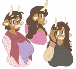 Size: 2335x2118 | Tagged: safe, artist:slightlysimian, oc, oc only, oc:molly (slightlysimian), bovid, cattle, cow, mammal, anthro, unguligrade anthro, alternate hairstyle, beanbrows, big breasts, breasts, brown body, brown eyes, brown fur, brown hair, bust, clothes, female, fur, hair, hair tie, hand in hair, hand on head, high res, hooves, horns, jacket, long hair, looking at you, looking sideways, profile, scarf, short hair, side view, simple background, smiling, solo, solo female, sweater, three-quarter view, topwear, turtleneck, white background