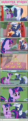 Size: 1004x4337 | Tagged: safe, artist:estories, twilight sparkle (mlp), oc, oc:silverlay, equine, fictional species, mammal, pony, unicorn, feral, comic:seeds of darkness, friendship is magic, hasbro, my little pony, 2014, comic, crown, dialogue, duo, duo female, female, horn, jewelry, mare, on model, regalia, tail, talking