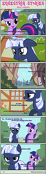 Size: 1004x3753 | Tagged: safe, artist:estories, twilight sparkle (mlp), oc, oc:silverlay, equine, fictional species, mammal, pony, unicorn, feral, comic:seeds of darkness, friendship is magic, hasbro, my little pony, 2014, comic, dialogue, duo, duo female, female, horn, mare, on model, tail, talking