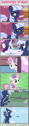 Size: 1004x4337 | Tagged: safe, artist:estories, rainbow dash (mlp), rarity (mlp), sweetie belle (mlp), twilight sparkle (mlp), oc, oc:silverlay, equine, fictional species, mammal, pegasus, pony, unicorn, feral, comic:seeds of darkness, friendship is magic, hasbro, my little pony, 2014, comic, dialogue, feathered wings, feathers, female, filly, foal, horn, mare, on model, possession, tail, talking, wings, young