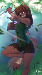 Size: 682x1200 | Tagged: safe, artist:fluff-kevlar, natani (twokinds), canine, fictional species, keidran, mammal, wolf, anthro, digitigrade anthro, twokinds, 2019, 5 fingers, angry, arm wraps, bottomwear, brown body, brown eyes, brown fur, brown hair, cheek fluff, chest fluff, claws, clothes, dagger, detailed background, ear fluff, elbow fluff, eyebrow through hair, eyebrows, fangs, female, fluff, foot wraps, fur, gritted teeth, hair, heterochromia, jewelry, leaf, left handed, leg fluff, leg wraps, looking at you, necklace, one leg raised, outdoors, raised leg, sharp teeth, shorts, signature, solo, solo female, sword, tail, teeth, weapon, wraps