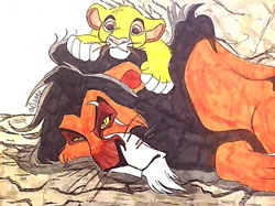 Size: 960x717 | Tagged: safe, artist:the lone rodent, scar (the lion king), simba (the lion king), big cat, feline, lion, mammal, feral, disney, the lion king, duo, duo male, male, males only, traditional art, unamused, uncle and nephew, young