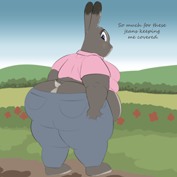 Size: 2500x2500 | Tagged: safe, artist:lupin quill, judy hopps (zootopia), lagomorph, mammal, rabbit, anthro, plantigrade anthro, disney, zootopia, 2020, 2d, butt, clothes, commission, dialogue, fat, female, high res, huge butt, jeans, looking back, obese, pants, scenery, shirt, solo, solo female, t-shirt, talking, topwear
