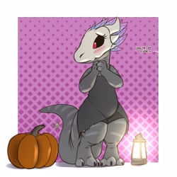 Size: 1250x1250 | Tagged: safe, artist:louart, fictional species, kobold, reptile, anthro, ambiguous gender, blushing, bone, clothes, costume, food, halloween, halloween costume, holiday, lantern, offscreen character, pumpkin, skull, solo, solo ambiguous, talking, text, vegetables
