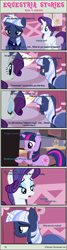Size: 1004x3753 | Tagged: safe, artist:estories, rarity (mlp), twilight sparkle (mlp), oc, oc:silverlay, equine, fictional species, mammal, pony, unicorn, feral, comic:seeds of darkness, friendship is magic, hasbro, my little pony, 2014, clothes, comic, dialogue, dress, female, group, horn, mare, on model, tail, talking, trio, trio female