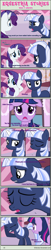 Size: 1004x4917 | Tagged: safe, artist:estories, rarity (mlp), twilight sparkle (mlp), oc, oc:silverlay, equine, fictional species, mammal, pony, unicorn, feral, comic:seeds of darkness, friendship is magic, hasbro, my little pony, 2014, comic, dialogue, female, group, horn, mare, on model, tail, talking, trio, trio female