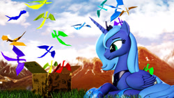 Size: 1920x1080 | Tagged: safe, artist:backmaker, princess luna (mlp), alicorn, dragon, equine, fictional species, mammal, pony, feral, friendship is magic, hasbro, my little pony, scp, 16:9, 2020, 3d, box, crown, feathered wings, feathers, female, folded wings, hoof shoes, horn, jewelry, mare, origami, paper, peytral, regalia, scp 1762-1, sitting, smiling, solo, solo female, source filmmaker, tail, wallpaper, wings