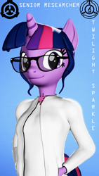 Size: 1080x1920 | Tagged: safe, artist:backmaker, twilight sparkle (mlp), equine, fictional species, mammal, pony, unicorn, anthro, friendship is magic, hasbro, my little pony, scp, 2020, 3d, anthrofied, clothes, female, glasses, horn, lab coat, mare, sci-twi (mlp), smiling, solo, solo female, source filmmaker, tail