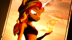 Size: 1920x1080 | Tagged: safe, artist:backmaker, sunset shimmer (mlp), equine, fictional species, mammal, pony, unicorn, anthro, friendship is magic, hasbro, my little pony, 16:9, 2020, 3d, anthrofied, bra, clothes, female, fire, horn, looking at something, mare, source filmmaker, underwear, wallpaper