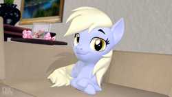 Size: 3840x2160 | Tagged: safe, artist:aeridiccore, artist:owlpirate, derpy hooves (mlp), equine, fictional species, mammal, pegasus, pony, feral, friendship is magic, hasbro, my little pony, 16:9, 2020, 3d, couch, doge, feathered wings, feathers, female, flower, folded wings, high res, looking at you, mare, meme, sitting, smiling, solo, solo female, source filmmaker, table, tail, vase, wallpaper, wings