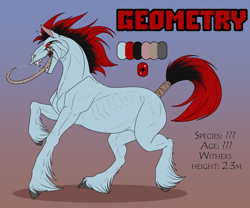 Size: 1200x1000 | Tagged: safe, artist:sunny way, oc, oc:geometry, equine, fictional species, horse, mammal, monster, feral, artwork, black hair, blue body, blue fur, character name, color palette, creepy, dark, digital art, fur, gradient background, hair, hooves, long tongue, mane, muscles, open mouth, red hair, reference, reference sheet, saliva, saliva trail, scary, sharp teeth, side view, solo, strange, tail, tail wraps, teeth, tongue, unshorn fetlocks, wet, wraps
