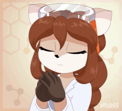 Size: 1188x1080 | Tagged: safe, artist:alfa995, oc, oc only, oc:doe (alfa995), cervid, deer, mammal, anthro, 2d, 2d animation, animated, blushing, brown eyes, cake, clothes, doe, female, food, gloves, goggles, grin, heart, lab coat, love heart, no sound, smiling, solo, solo female, ungulate, webm