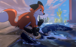 Size: 1500x940 | Tagged: safe, artist:hyilpi, oc, oc only, oc x oc, canine, fox, mammal, mollusk, squid, feral, minecraft, duo, eyes closed, female, feral/feral, lake, looking at someone, saliva, sand, scenery, shipping, signature, sitting, tentacles, tree, vixen, water