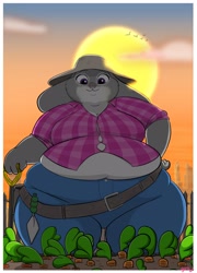 Size: 2050x2850 | Tagged: safe, artist:drawnbygorb, judy hopps (zootopia), lagomorph, mammal, rabbit, anthro, disney, zootopia, 2020, belt, breasts, carrot, city, clothes, farm, fat, fat fetish, female, flannel shirt, food, fur, garden, gardening, gray body, gray fur, hat, herbivore, high res, huge belly, huge breasts, jeans, kneeling, obese, pants, pink nose, purple eyes, shirt, shovel, smiling, solo, solo female, sun, thick thighs, thighs, tight clothing, topwear, vegetables, wide hips