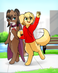 Size: 620x775 | Tagged: safe, artist:accelldraws, oc, oc only, oc:friday (accelldraws), oc:rin (accelldraws), arctic fox, canine, dog, fox, golden retriever, mammal, semi-anthro, 2019, ambiguous gender, apple, blue eyes, brown body, brown fur, bubble tea, carnivore confusion, cloak, clothes, cup, duo, female, food, fruit, fur, green eyes, hoodie, open mouth, park, paw pads, paws, smiling, tail, tail wag, topwear, walking