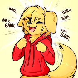 Size: 1000x1000 | Tagged: safe, artist:accelldraws, oc, oc only, oc:friday (accelldraws), canine, dog, golden retriever, mammal, semi-anthro, 2019, barking, clothes, cute, eyes closed, hoodie, open mouth, smiling, solo, tail, tail wag, topwear