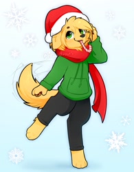 Size: 1500x1928 | Tagged: safe, artist:accelldraws, oc, oc only, oc:friday (accelldraws), canine, dog, golden retriever, mammal, anthro, digitigrade anthro, bottomwear, candy cane, christmas, clothes, cute, female, green eyes, hat, holiday, hoodie, pants, paw pads, paws, santa hat, scarf, smiling, snow, solo, solo female, tail, tail wag, topwear