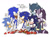 Size: 1280x953 | Tagged: safe, artist:rhymewithrachel, classic sonic, darkspine sonic (sonic), sonic the hedgehog (sonic), sonic the werehog (sonic), chao, fictional species, hedgehog, mammal, anthro, plantigrade anthro, semi-anthro, sega, sonic and the secret rings, sonic boom (series), sonic the hedgehog (satam), sonic the hedgehog (series), sonic unleashed, ambiguous gender, black eyes, blue body, blue fur, blue tail, clothes, crossed arms, digital art, fangs, fur, gloves, green eyes, group, lidded eyes, male, no pupils, purple body, purple fur, quills, scarf, self paradox, sharp teeth, shoes, short tail, simple background, sneakers, speech bubble, sports tape, tail, teeth, werebeast, werehog, white background