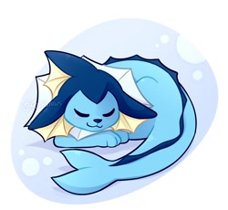 Size: 1500x1382 | Tagged: safe, artist:accelldraws, eeveelution, fictional species, vaporeon, feral, nintendo, pokémon, 2020, abstract background, ambiguous gender, curled up, eyes closed, sleeping, smiling, solo, solo ambiguous