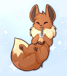 Size: 475x534 | Tagged: safe, artist:accelldraws, eevee, eeveelution, fictional species, feral, nintendo, pokémon, abstract background, ambiguous gender, bubble tea, cheek fluff, cup, drink, drinking, drinking straw, eyes closed, fluff, paw pads, paws, smiling, solo, solo ambiguous, underpaw