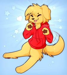 Size: 1358x1500 | Tagged: safe, artist:accelldraws, oc, oc only, oc:friday (accelldraws), canine, dog, golden retriever, mammal, semi-anthro, 2020, abstract background, brown body, brown fur, chest fluff, clothes, eyes closed, female, fluff, fur, hoodie, paw pads, paws, smiling, solo, solo female, tail, tail wag, tongue, tongue out, topwear, underpaw
