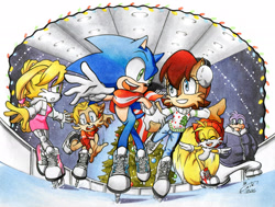 Size: 2268x1713 | Tagged: safe, artist:finikart, antoine d'coolette (sonic), bunnie rabbot (sonic), miles "tails" prower (sonic), princess sally acorn (sonic), rotor the walrus (sonic), sonic the hedgehog (sonic), canine, chipmunk, coyote, fox, hedgehog, lagomorph, mammal, rabbit, red fox, rodent, walrus, anthro, archie sonic the hedgehog, sega, sonic the hedgehog (series), 2016, beanie, blue body, blue eyes, blue fur, bottomwear, brown body, brown fur, buntoine, clothes, cybernetics, dipstick tail, earmuffs, female, fluff, freedom fighters (sonic), fur, gloves, green eyes, group, hair, hat, head fluff, holding, holding hands, ice skating, jacket, male, multiple tails, orange tail, pants, quills, red hair, shoes, sneakers, sonally (sonic), sweater, tail, tail fluff, topwear, traditional art, two tails, white tail, yellow body, yellow fur, yellow hair