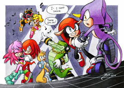 Size: 2256x1606 | Tagged: safe, artist:finikart, charmy bee (sonic), espio the chameleon (sonic), julie-su the echidna (sonic), knuckles the echidna (sonic), mighty the armadillo (sonic), ray the flying squirrel (sonic), saffron bee (sonic), vector the crocodile (sonic), armadillo, arthropod, bee, chameleon, crocodile, crocodilian, echidna, flying squirrel, insect, lizard, mammal, monotreme, reptile, rodent, squirrel, anthro, archie sonic the hedgehog, sega, sonic the hedgehog (series), 2016, amber eyes, boots, chain, chaotix (sonic), clothes, cybernetics, dancing, dialogue, eyes closed, fangs, female, flying, fur, gloves, green scales, green tail, head fluff, helmet, holding, holding hands, insect wings, jacket, jewelry, male, male/female, musical note, necklace, pink body, pink fur, purple eyes, purple scales, quills, red tail, scales, sharp teeth, shipping, shoes, sneakers, speech bubble, stinger, tail, talking, teeth, topwear, traditional art, wings