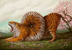 Size: 805x568 | Tagged: safe, artist:bruno pontiroli, big cat, feline, mammal, tiger, feral, 2019, 2d, ambiguous gender, casual nudity, complete nudity, not salmon, nudity, solo, solo ambiguous, surreal, traditional art, tree, wat