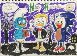 Size: 1280x930 | Tagged: safe, artist:diesel10joseph567, dewey duck (disney), huey duck (disney), louie duck (disney), sonic the hedgehog (sonic), bird, duck, waterfowl, anthro, disney, ducktales, ducktales (2017), hanna-barbera, mickey and friends, richie rich, sega, sonic the hedgehog (series), the smurfs, 2020, black eyes, brainy smurf (the smurfs), brother, brothers, clothes, cosplay, costume, crossover, halloween, holiday, male, males only, no pupils, quills, richie rich (richie rich), richie rich (series), siblings, trio, trio male