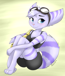 Size: 3000x3500 | Tagged: safe, artist:ravirr94, rivet (r&c), fictional species, lombax, mammal, anthro, digitigrade anthro, ratchet & clank, blue eyes, blushing, bottomwear, clothes, cute, ear fluff, female, fluff, fur, goggles, high res, looking at you, prosthetic arm, prosthetics, shorts, signature, simple background, sitting, smiling, solo, solo female, striped fur, tail, tail fluff, topwear