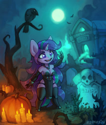 Size: 1022x1200 | Tagged: safe, artist:asim0s, starlight glimmer (mlp), bird, corvid, fictional species, raven, songbird, undead, zombie, anthro, unguligrade anthro, friendship is magic, hasbro, my little pony, anthrofied, bone, breasts, candle, chibi, cleavage, clothes, dress, fangs, female, food, gravestone, graveyard, hooves, jewelry, magic, mausoleum, moon, necklace, necromancer, pumpkin, sharp teeth, skull, solo, solo female, teeth, vegetables
