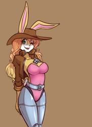Size: 1021x1400 | Tagged: safe, artist:scorpdk, bunnie rabbot (sonic), lagomorph, mammal, rabbit, anthro, archie sonic the hedgehog, sega, sonic the hedgehog (series), 2018, belt, breasts, cleavage, clothes, cyborg, female, green eyes, hand on chest, hat, jacket, looking at you, one eye closed, open mouth, open smile, simple background, smiling, smiling at you, solo, solo female, standing, topwear, winking