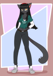 Size: 901x1280 | Tagged: safe, artist:scorpdk, rachael saleigh (las lindas), cat, feline, mammal, anthro, plantigrade anthro, las lindas, bottomwear, chest fluff, clothes, female, fluff, looking at you, pants, shoes, short, sneakers, solo, solo female, yellow eyes
