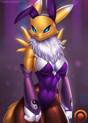 Size: 900x1255 | Tagged: safe, artist:doomxwolf, fictional species, renamon, anthro, digitigrade anthro, digimon, black sclera, blue eyes, blushing, breasts, bunny ears, bunny suit, chest fluff, clothes, colored sclera, cute, digital art, ears, female, fluff, fur, legwear, looking at you, solo, solo female, tail, thigh highs, white body, white fur, yellow body, yellow fur