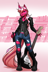 Size: 1900x2850 | Tagged: safe, artist:mykegreywolf, oc, oc:pynk hyde, equine, fictional species, mammal, pony, unicorn, anthro, alcohol, beer, clothes, curved horn, drink, female, guitar, horn, jacket, leather boots, leather jacket, musical instrument, musical note, solo, solo female, topwear, torn clothes