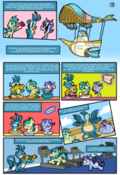 Size: 2008x2926 | Tagged: safe, artist:joeywaggoner, gallus (mlp), november rain (mlp), sandbar (mlp), bird, earth pony, equine, feline, fictional species, gryphon, mammal, pony, unicorn, feral, friendship is magic, hasbro, my little pony, aircraft, airship, bread, cake, carrot, carrot dog, comic, cookie, corn, cupcake, dumbbells, exercise, fat, food, fork, glowing, glowing horn, high res, horn, magic, male, pie, push-ups, salad, stallion, taco, tail, telekinesis, tickets, tongue, tongue out, vegetables, vehicle, weight gain, weight loss, wings, zeppelin