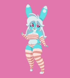 Size: 540x600 | Tagged: safe, artist:atelierbunny, lagomorph, mammal, rabbit, anthro, 3d, 3d animation, animated, bipedal, bra, breasts, clothes, female, gesture, gif, gloves, hair, hands, legwear, long gloves, looking at you, panties, peace sign, pink background, purple eyes, simple background, smiling, solo, solo female, striped clothes, striped legwear, thigh highs, toeless legwear, underwear, white hair